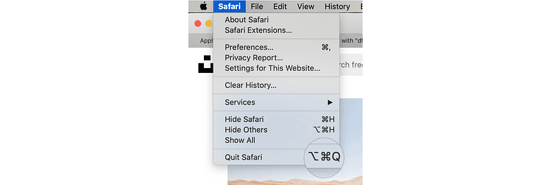 The App Shortcuts list showing Safari's Quit remapped to Option-Command-Q