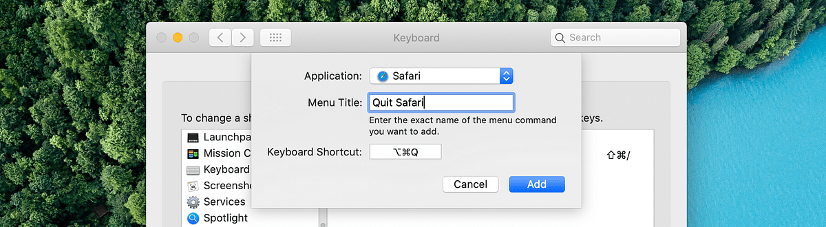 The new shortcut dialog set to Safari, Quit Safari and Option-Command-Q