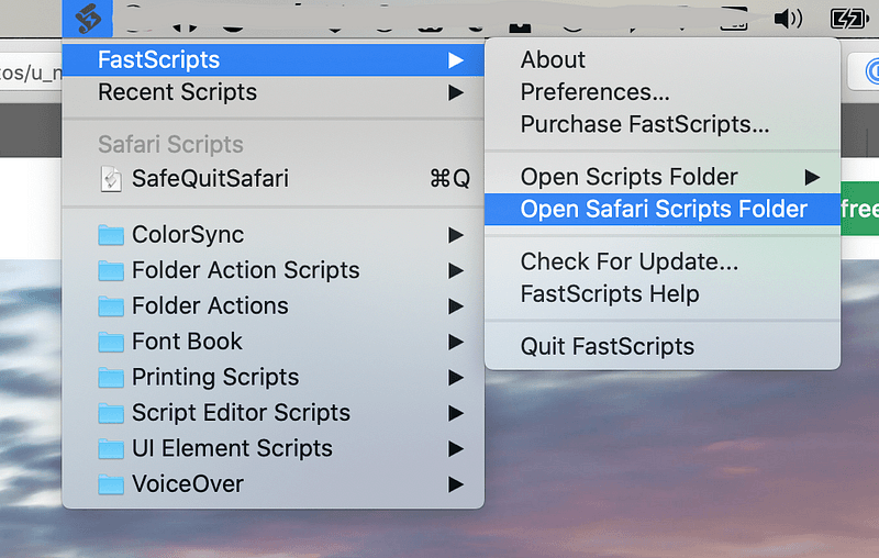 The FastScripts menu with Open Safari Scripts Folder selected