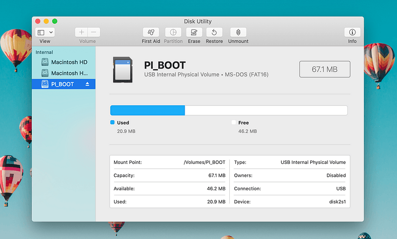 Disk Utility open on macOS with the SD card inserted