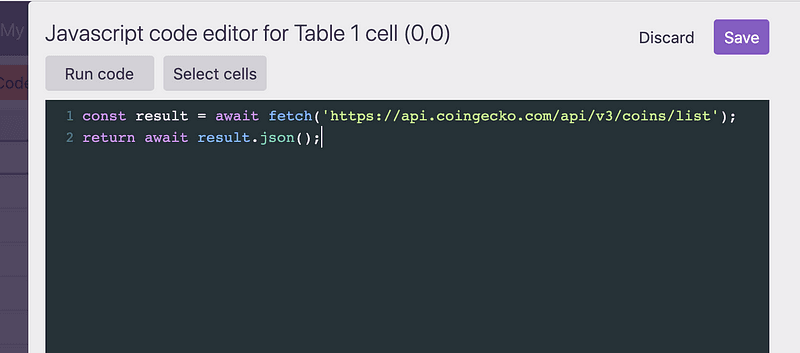 The JavaScript code editor with the Coingecko request pasted in
