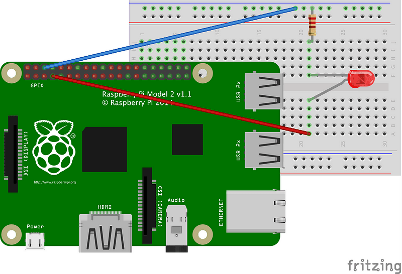 Wiring diagram of a Raspberry Pi connected to a breadboard LED and resistor