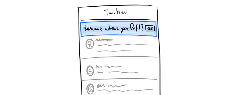 Wireframe of a banner asking "Resume where you left?" at the top of the timeline