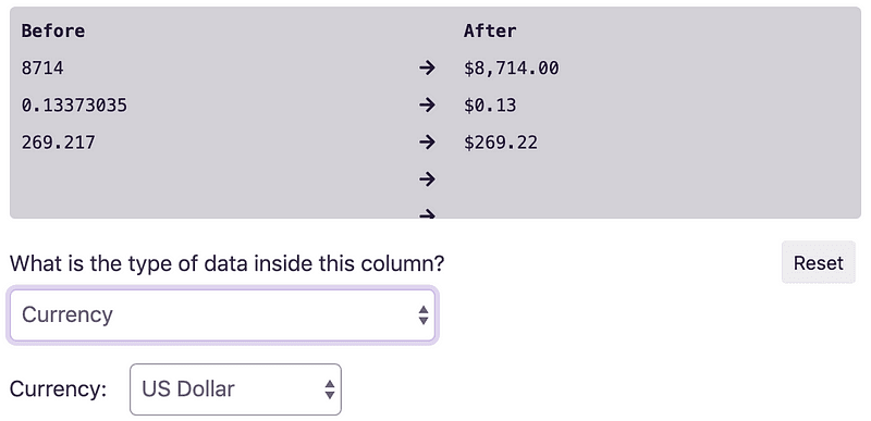 The Currency type selected, previewing how the values will be formatted