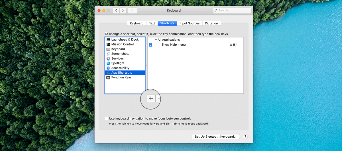 System Preferences, Keyboard, Shortcuts, App Shortcuts with the plus button