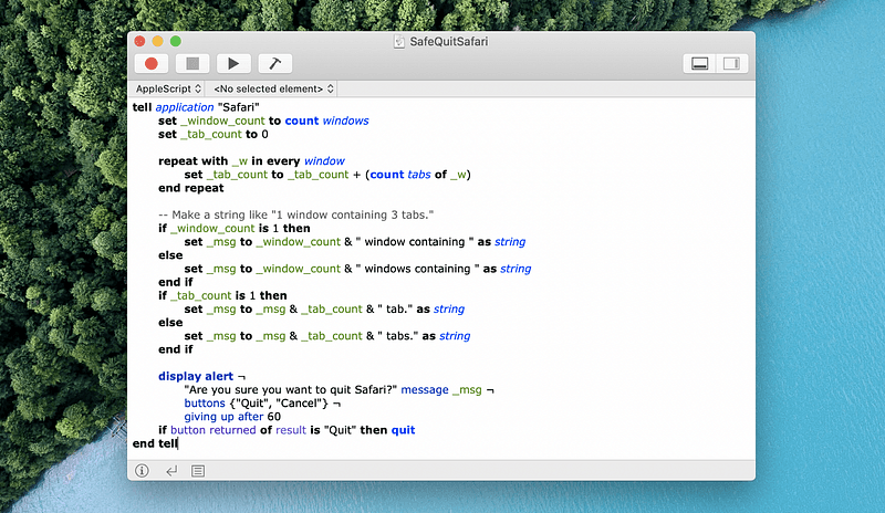 The Script Editor with the AppleScript confirmation dialog code pasted in