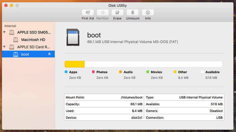 Disk Utility on macOS with the Raspberry Pi SD card's boot partition selected