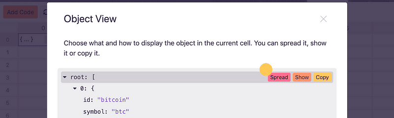 The Object view of the fetched market data before spreading it
