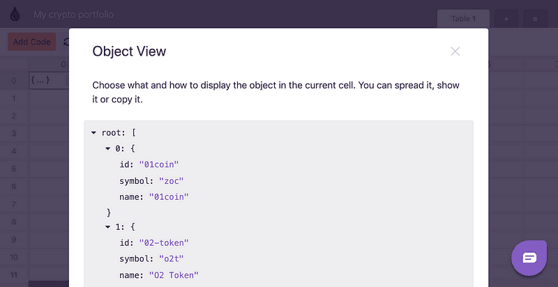 Opening the Object view on the cell holding the response