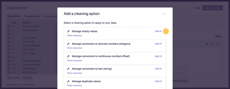 The Manage empty values rule added to the list of cleaning rules