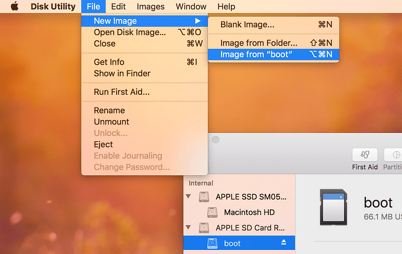The Disk Utility menu path File > New Image > Image from "boot"