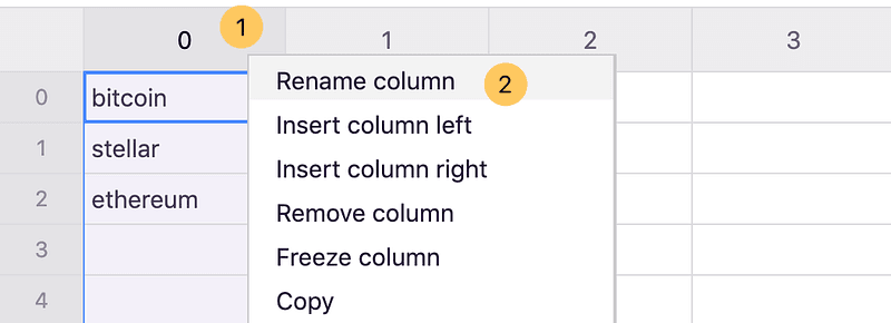 The right-click menu on a column header with Rename column highlighted
