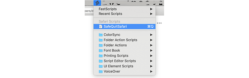 The SafeQuitSafari script listed in the FastScripts menu bar menu