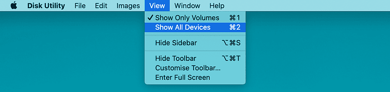 The View menu with Show All Devices selected