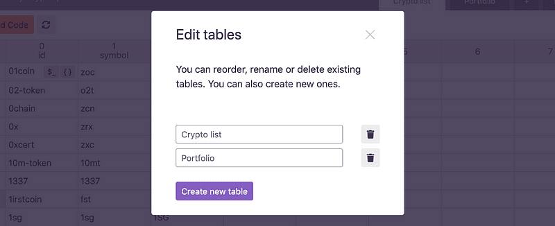 The tabs renamed to Crypto list, with a new Portfolio table added