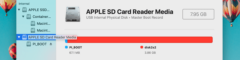 The list of volumes with the SD card highlighted