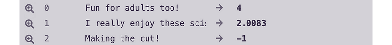 The scored texts listed with their sentiment values