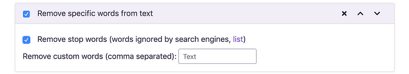 The Remove specific words from text rule set to remove stop words