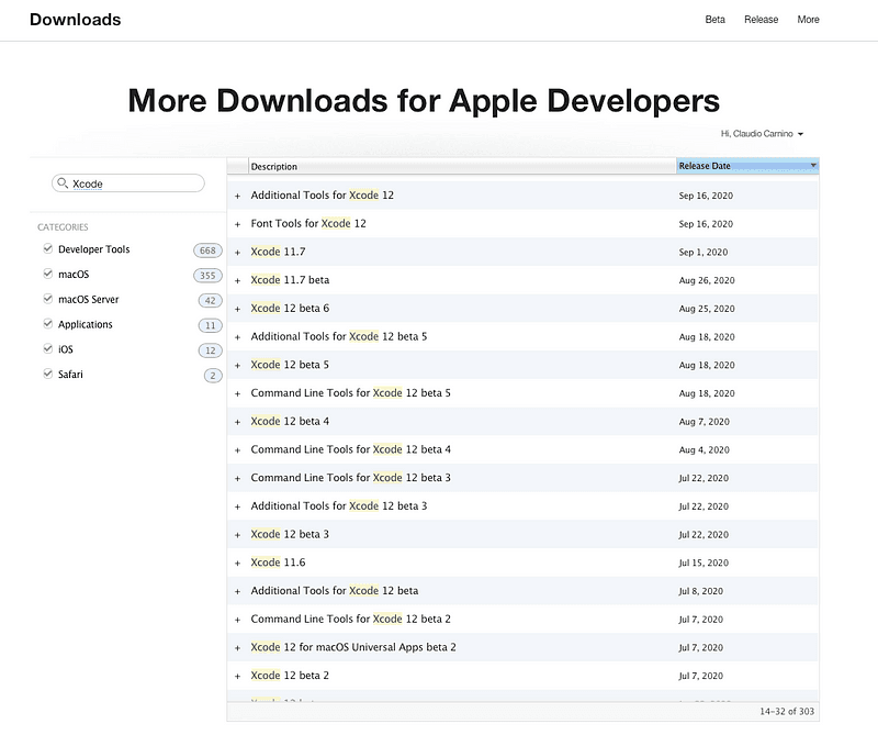 Apple's developer downloads filtered by Xcode, listing older versions and betas