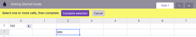 Selecting a range of cells, with Complete selection in the table toolbar