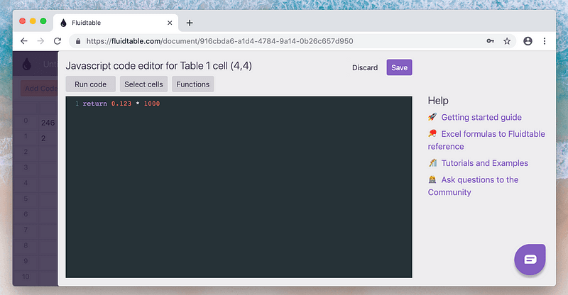 The Fluidtable code editor open on a cell
