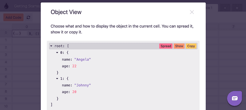 The Object view listing the properties of the returned objects